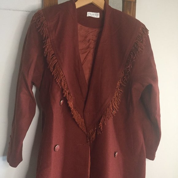 VINTAGE KWUNYAT EXCLUSIVE TRENCH WOOL FRINGE COATS SIZE 11 - Picture 3 of 7
